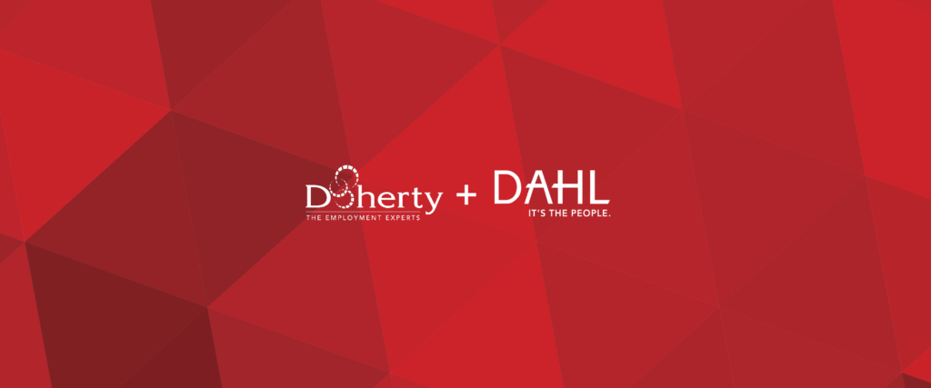 red graphic background white Doherty + DAHL logos