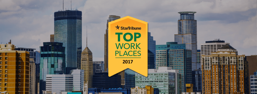 Minneapolis skyline with 2017 Star Tribune Top Workplaces Banner