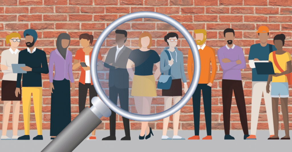 animated workers of various industries standing in a line, magnifying glass front and center