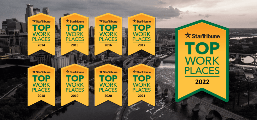 Minneapolis Skyline image with nine Top Workplaces Banner Awards