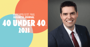 Minneapolis St. Paul Business Journal 40 under 40 logo and Billy Doherty's headshot