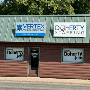 exterior view of the front of the office building featuring Doherty signage