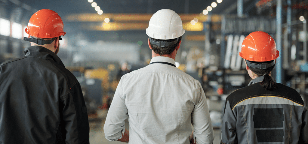 manufacturing manager walking through facility with a worker on their left and right