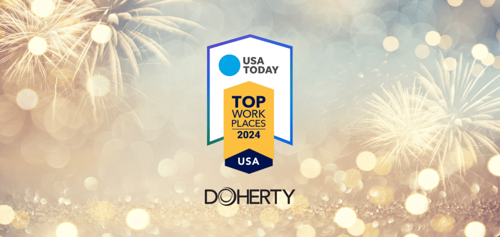 top workplaces usa logo and doherty logo on blue and yellow fireworks background