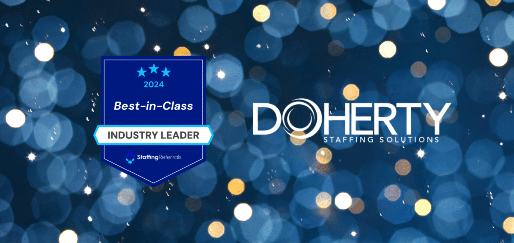Staffing Referrals Best-in-Class and Doherty logo on blue background with sparkles